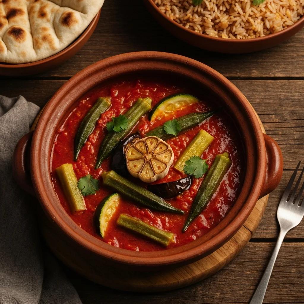 Egyptian Summer Vegetable Tagen with Peak-Harvest Tomatoes, Okra and Garlic