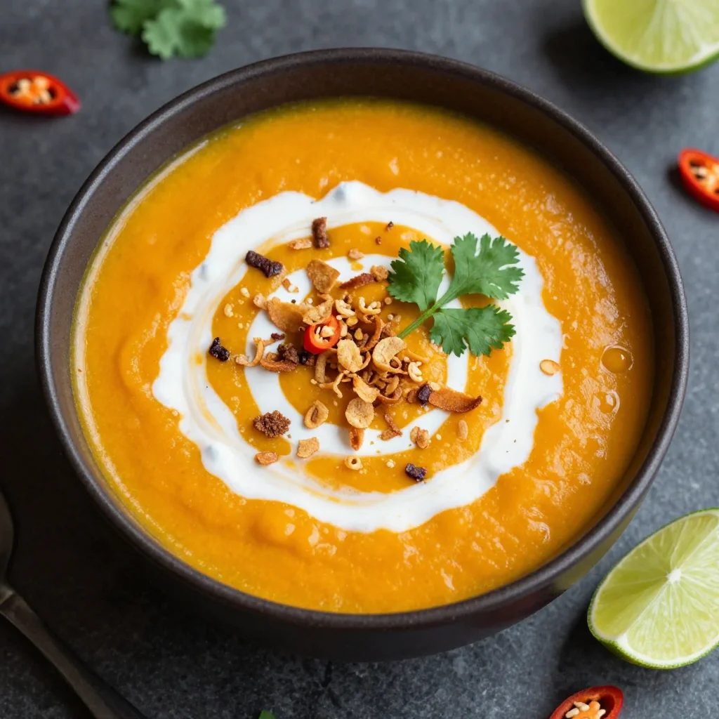 Thai Pumpkin Coconut Soup with Red Curry, Lime and Crispy Shallots for Chilly Lunches