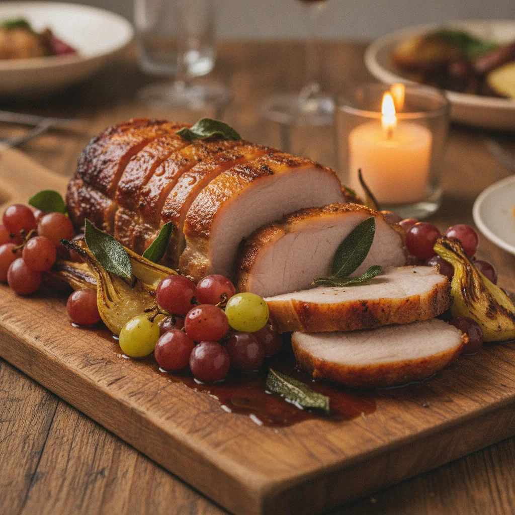 Tuscan Pork Loin Roasted with Grapes, Fennel and Sage for a Harvest Sunday Dinner