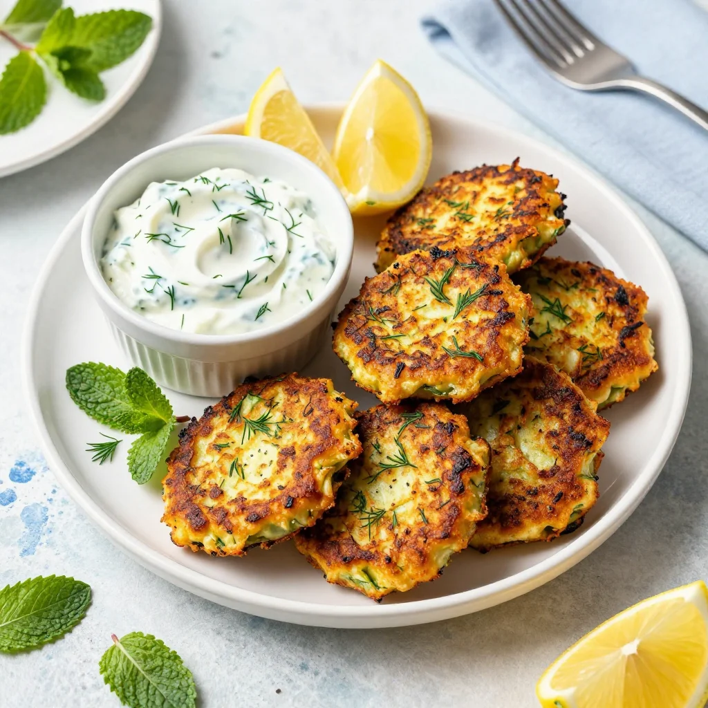 Greek Kolokithokeftedes: Crispy Zucchini and Feta Fritters with Mint and Cool Tzatziki