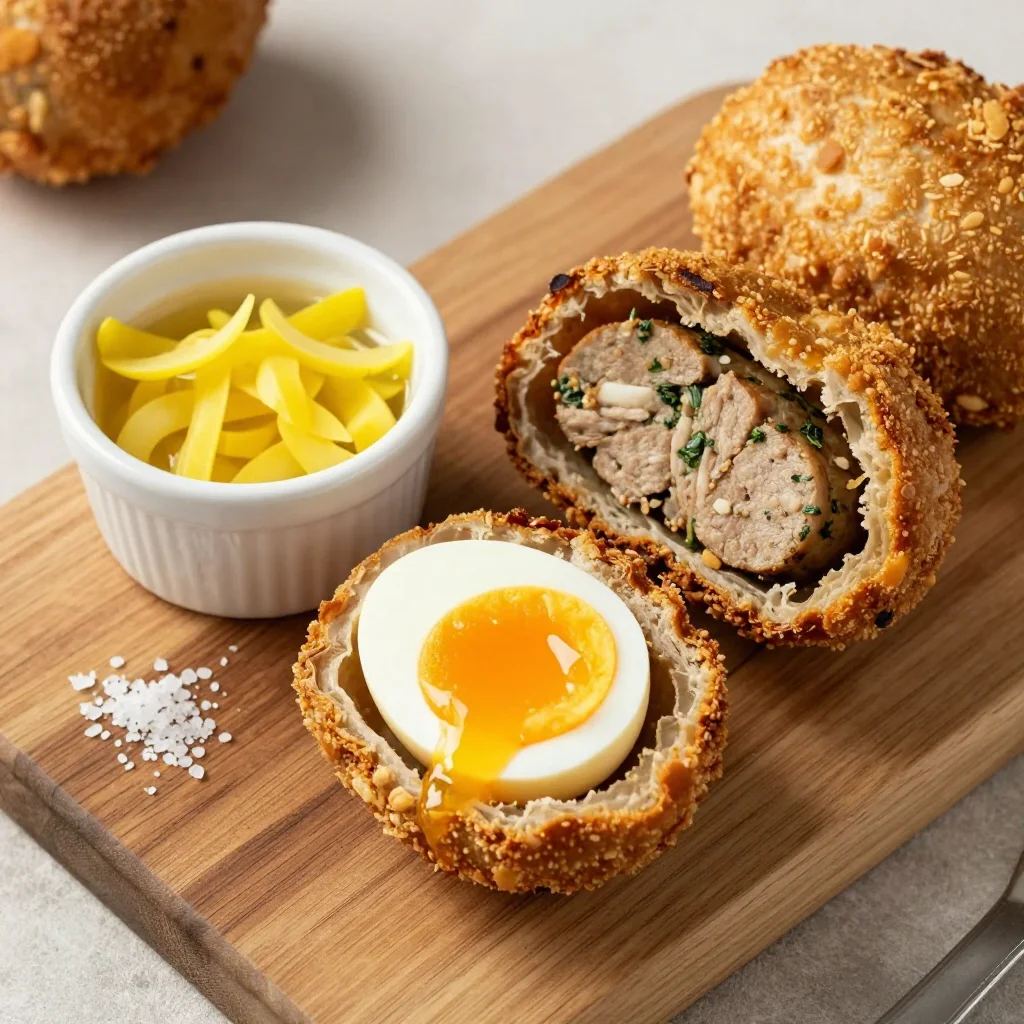 Classic Scotch Eggs: Sausage-Wrapped Soft Eggs with Crispy Golden Breadcrumbs