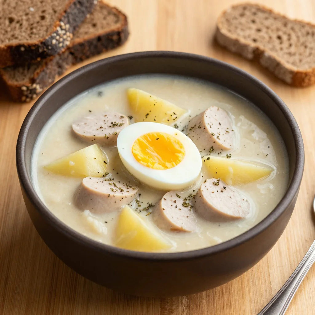 Polish Zurek: Sour Rye Soup with White Sausage, Potatoes and Soft-Boiled Egg