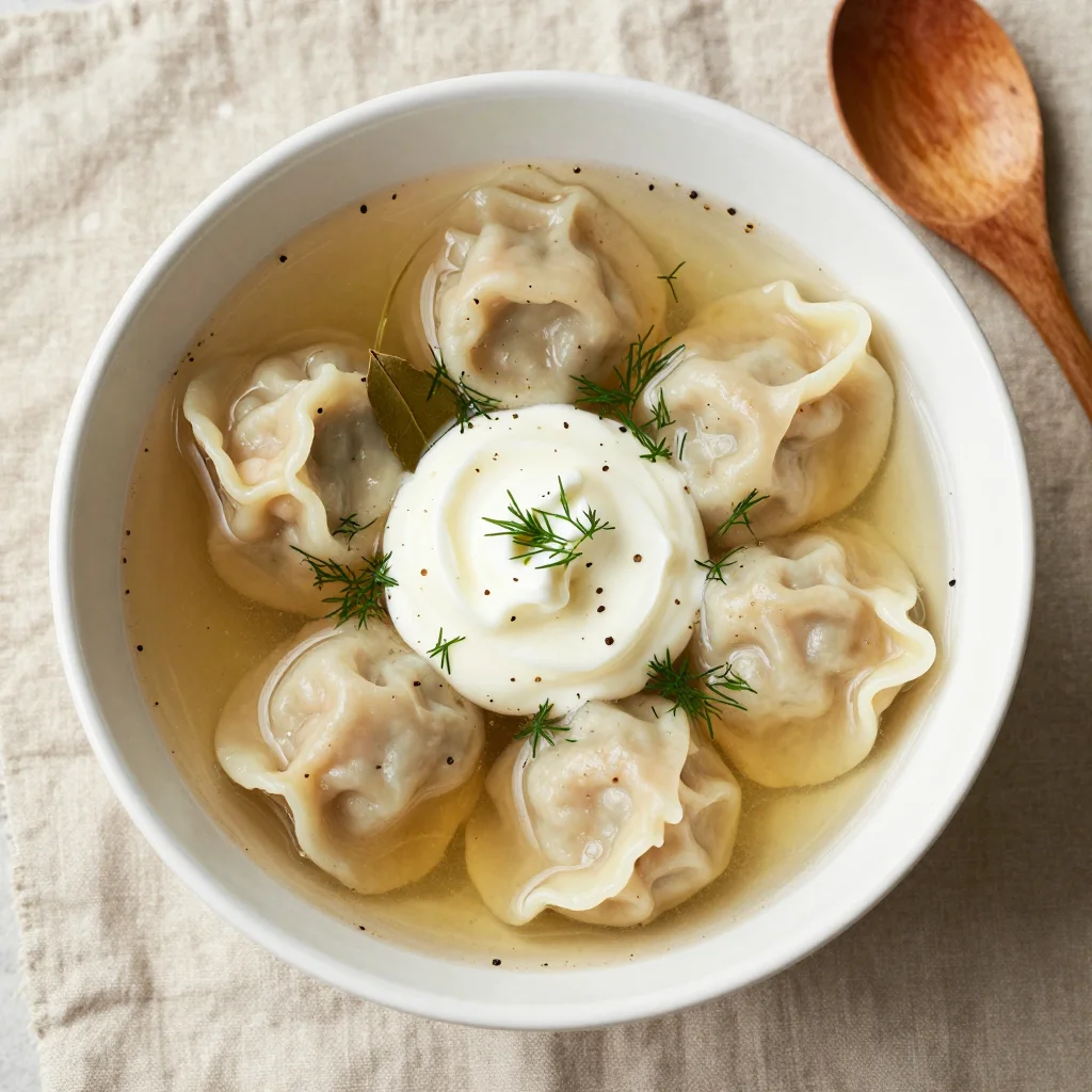 Siberian Pelmeni: Beef and Pork Dumplings in Dill Broth with Sour Cream