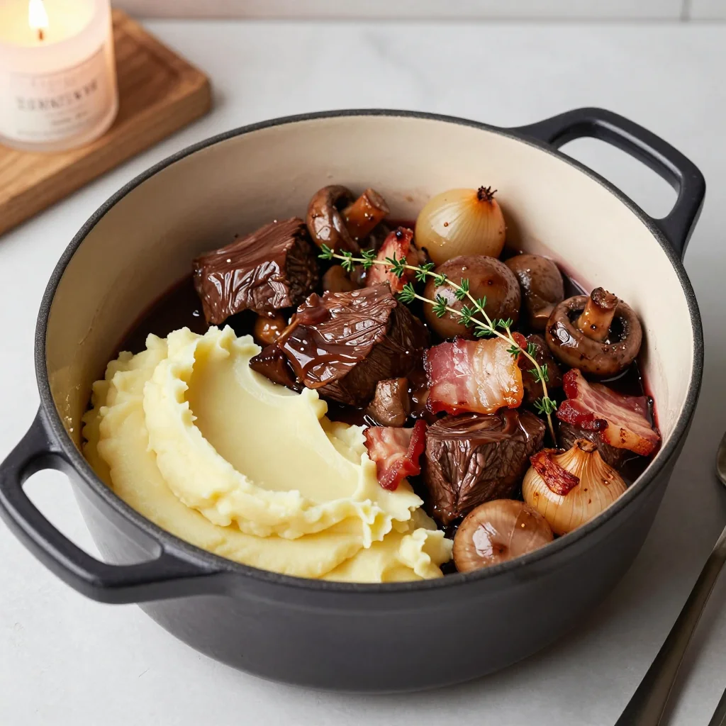 Boeuf Bourguignon: Red Wine Braised Beef with Mushrooms, Pearl Onions and Bacon