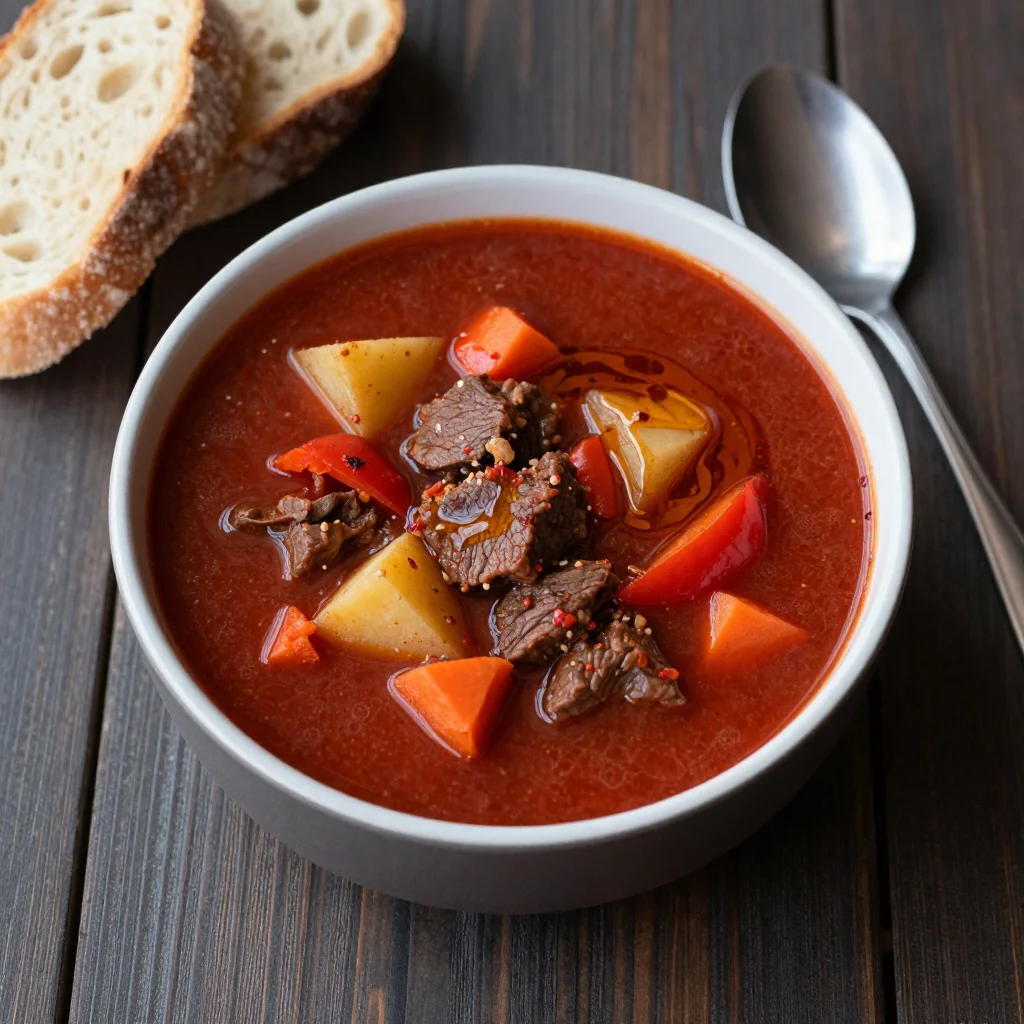 Hungarian Gulyas: Paprika Beef and Potato Soup with Caraway, Peppers and Tomato