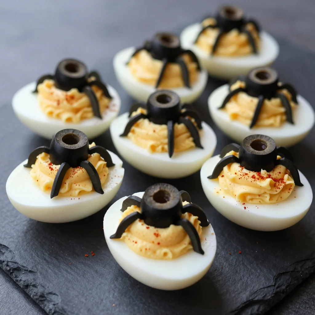 Spider Deviled Eggs: Classic Creamy Deviled Eggs with Black Olive Spiders for Halloween