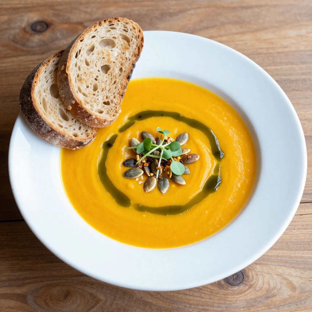 German Kurbissuppe: Roasted Hokkaido Pumpkin Soup with Ginger and Pumpkin Seed Oil