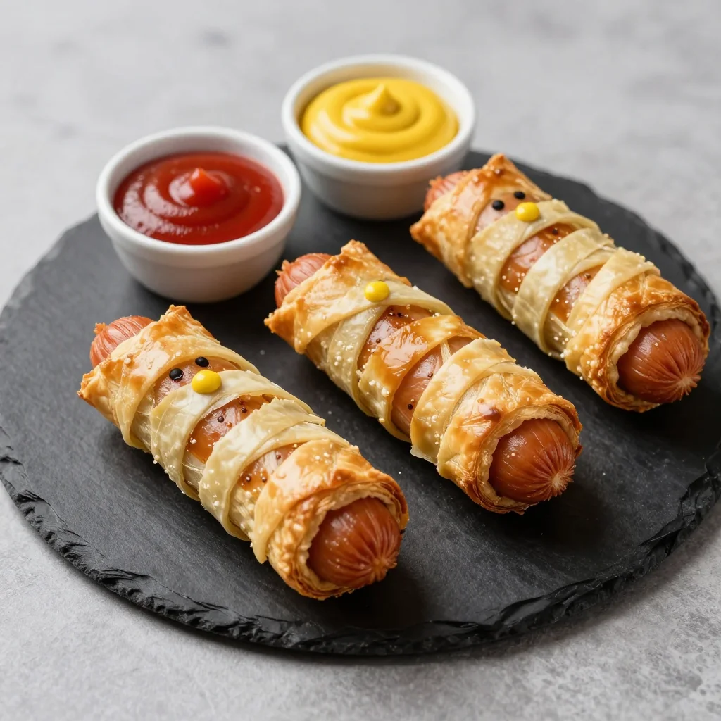 Mummy Pigs in a Blanket: Puff Pastry-Wrapped Halloween Sausages with Mustard Eyes