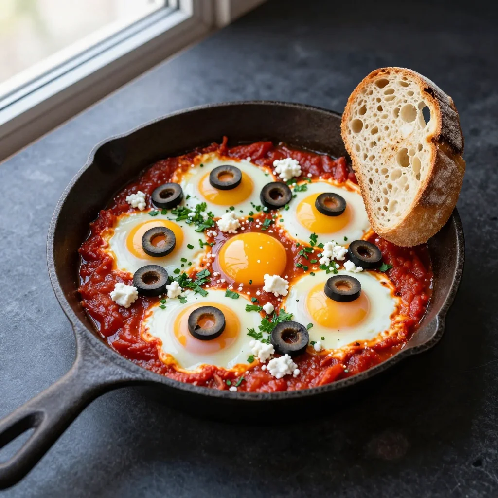 Bloody Eyeball Shakshuka: Spicy Tunisian Tomato-Poached Eggs with Olive Pupils