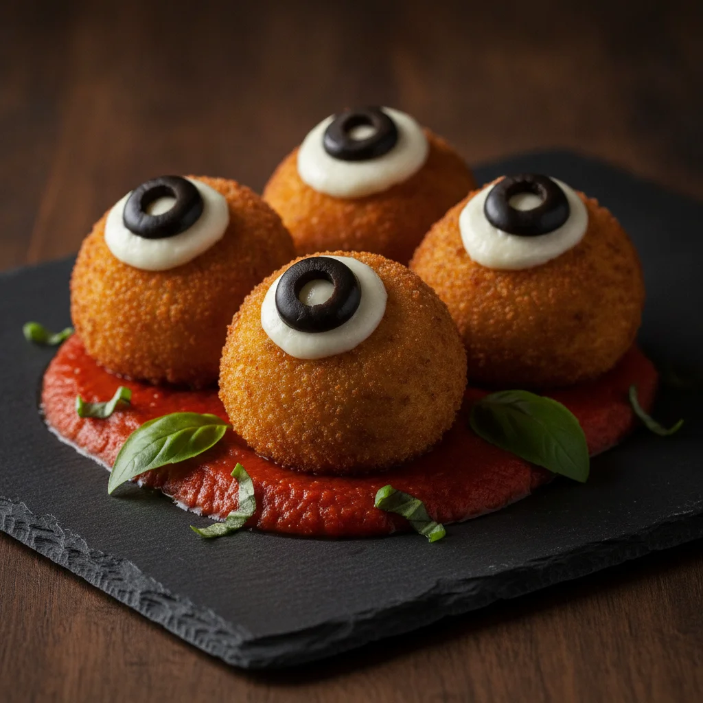 Italian Arancini Eyeballs: Crispy Risotto Balls with Mozzarella Pupils and Marinara