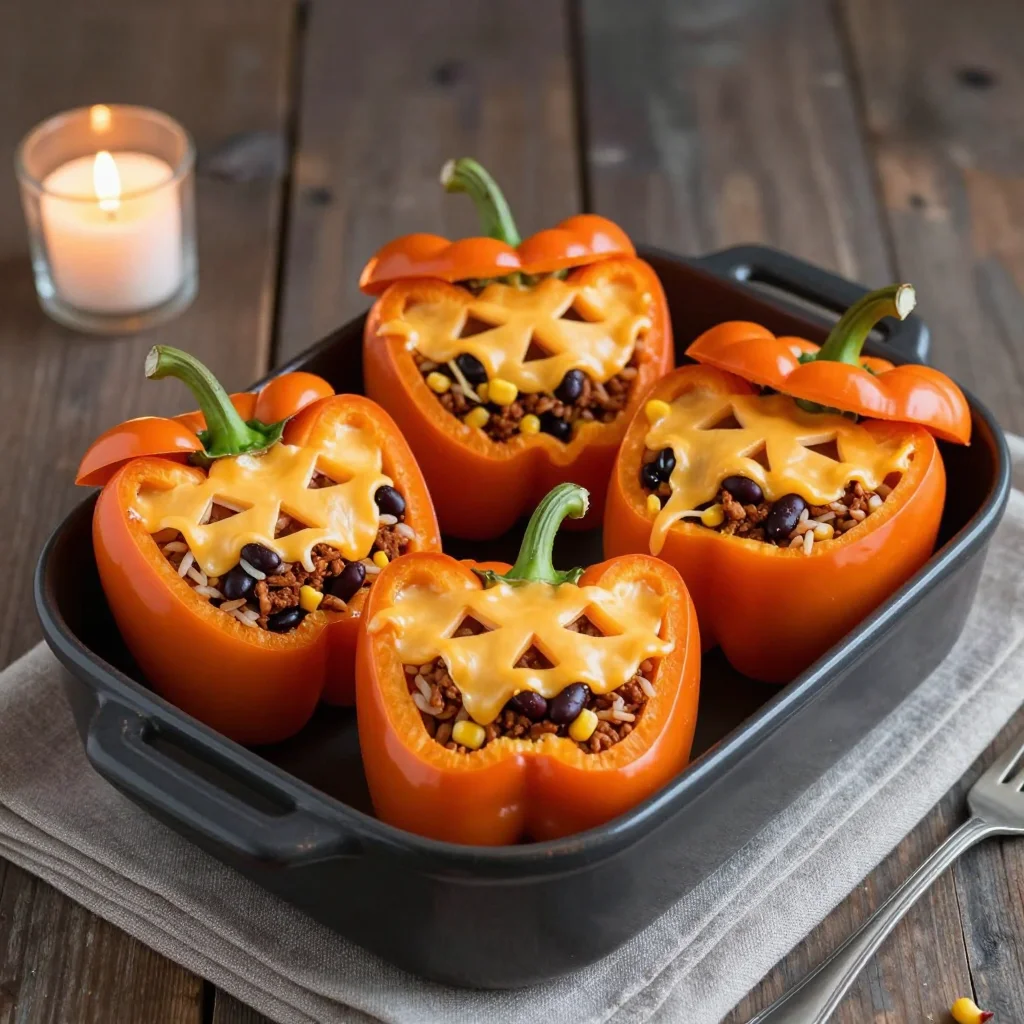Jack-o'-Lantern Stuffed Peppers: Spiced Turkey, Rice and Melted Cheese Halloween Dinner