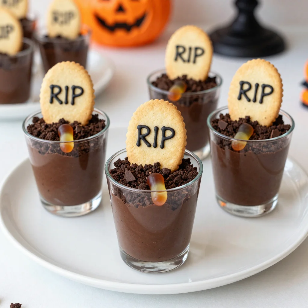 Halloween Graveyard Dirt Cups: Chocolate Pudding with Cookie Crumbs and Gummy Worms