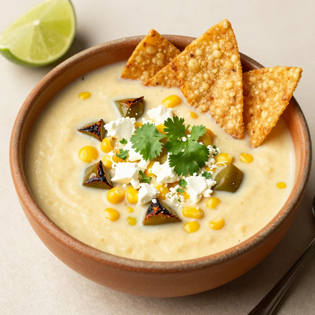Roasted Poblano and Sweet Corn Chowder: Creamy Mexican-Style Soup with Lime and Cotija