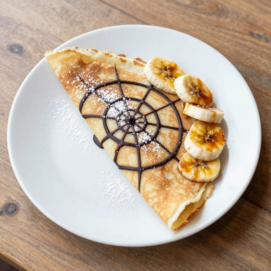 Spiderweb Crepes: Thin French Crepes with Chocolate Spiderweb and Caramelized Banana