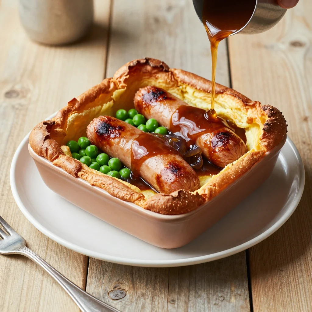 Toad in the Hole: Crispy British Yorkshire Pudding Bake with Sausages and Onion Gravy
