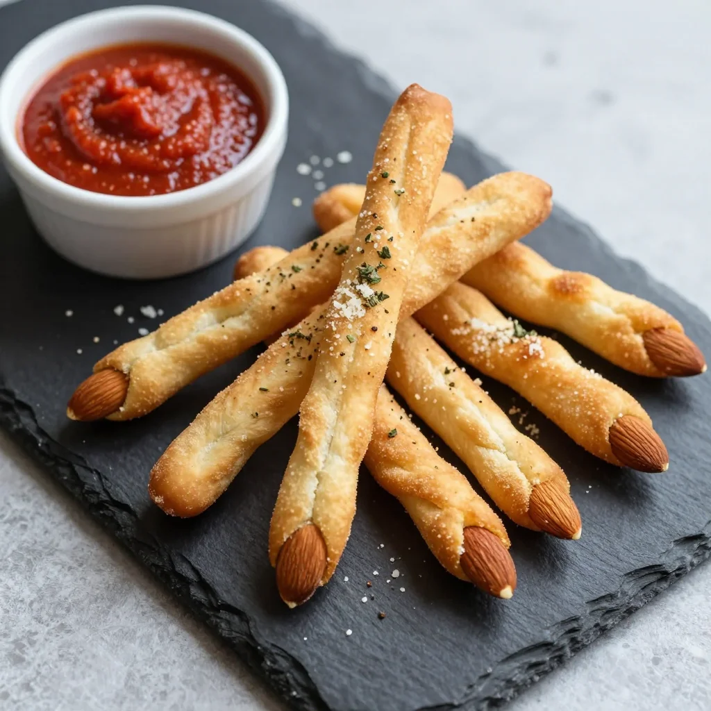 Witch Finger Breadsticks: Garlic-Herb Italian Grissini with Almond Fingernails