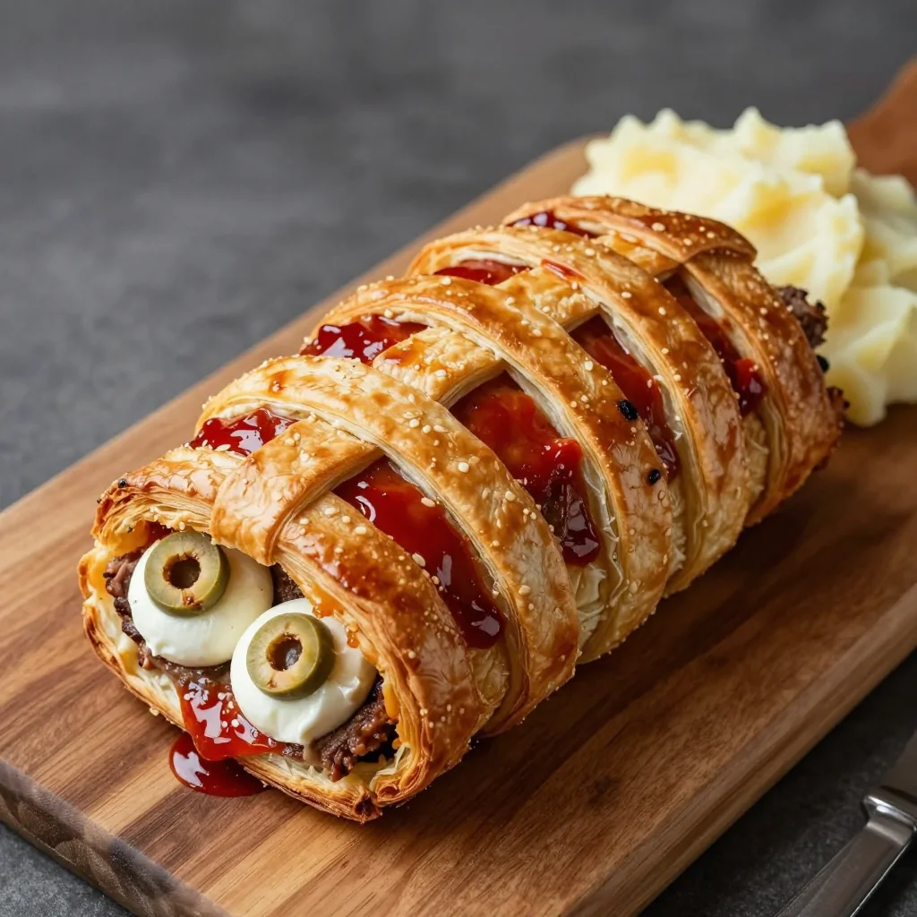 Mummy Meatloaf: Glazed Beef Meatloaf Wrapped in Puff Pastry Bandages for Halloween