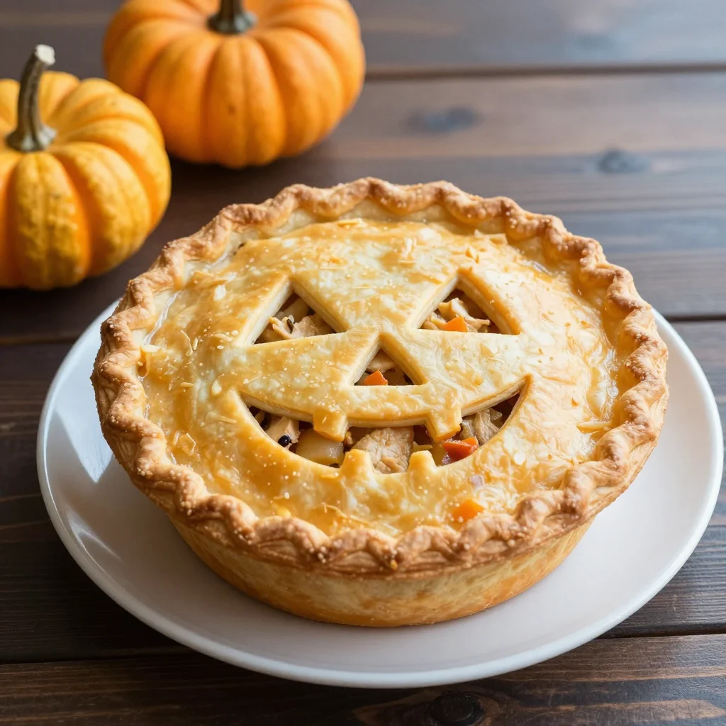 Jack-o'-Lantern Chicken Pot Pie: Flaky Carved Crust over Creamy Chicken and Vegetables