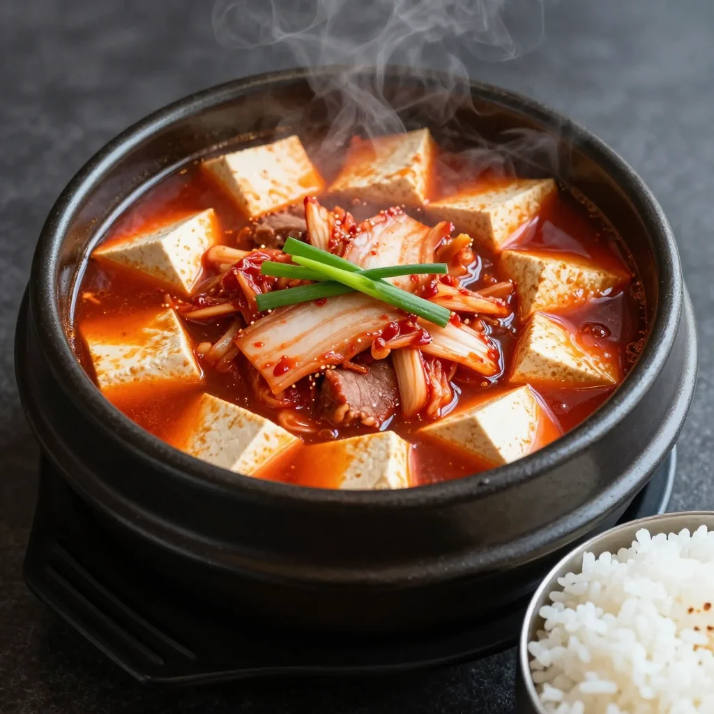 Korean Kimchi Jjigae: Bubbling Witch's Cauldron Pork and Tofu Kimchi Stew for Halloween