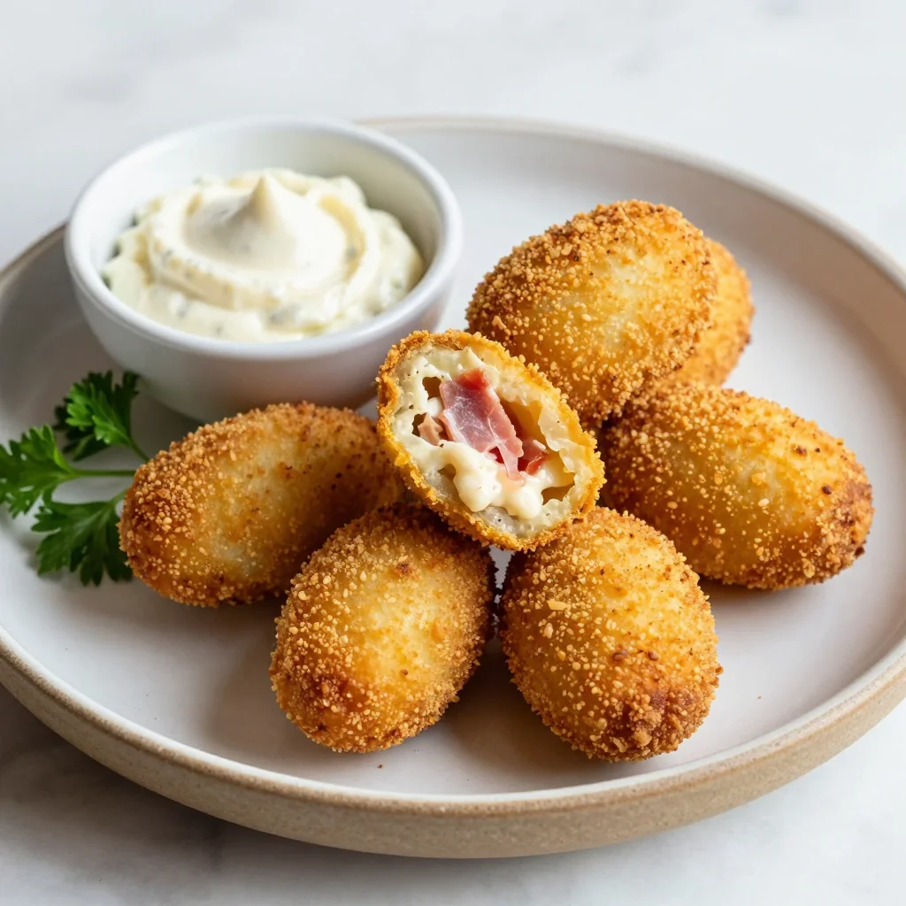 Spanish Croquetas de Jamon: Crispy Bechamel and Serrano Ham Croquettes with Aioli