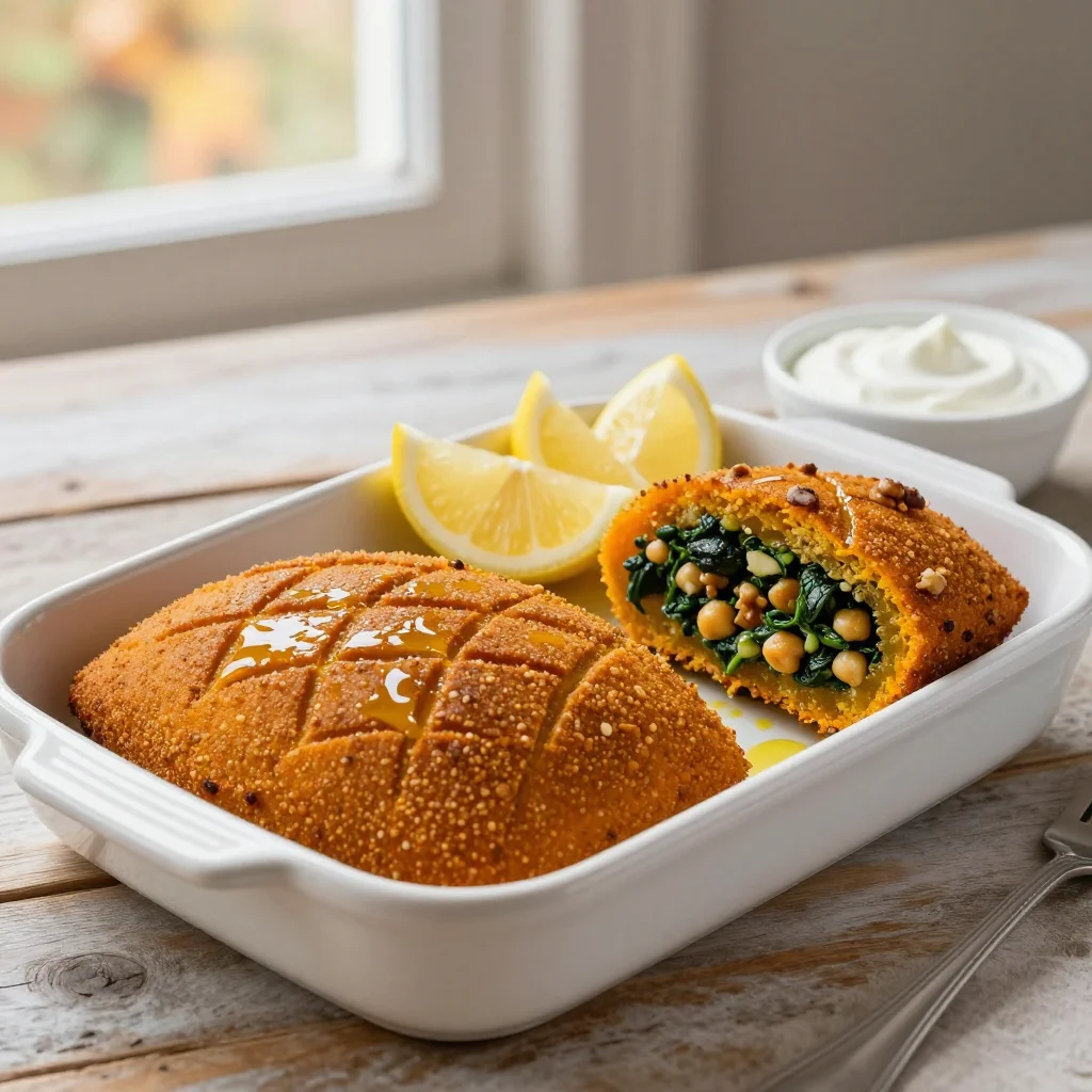 Lebanese Kibbet Laqteen: Baked Pumpkin Kibbeh with Spinach, Chickpeas and Sumac