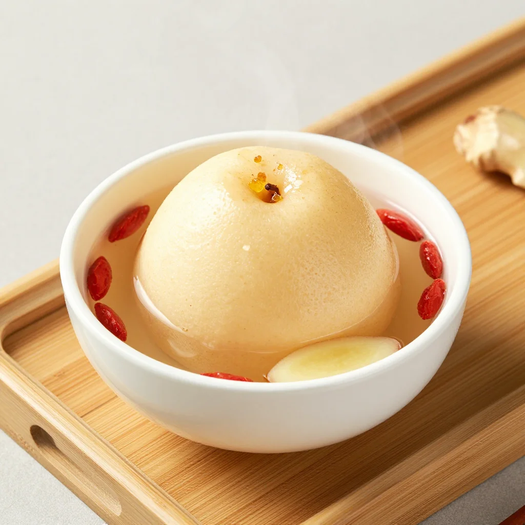 Chinese Bing Tang Xue Li: Steamed Snow Pear with Rock Sugar, Goji Berries and Ginger