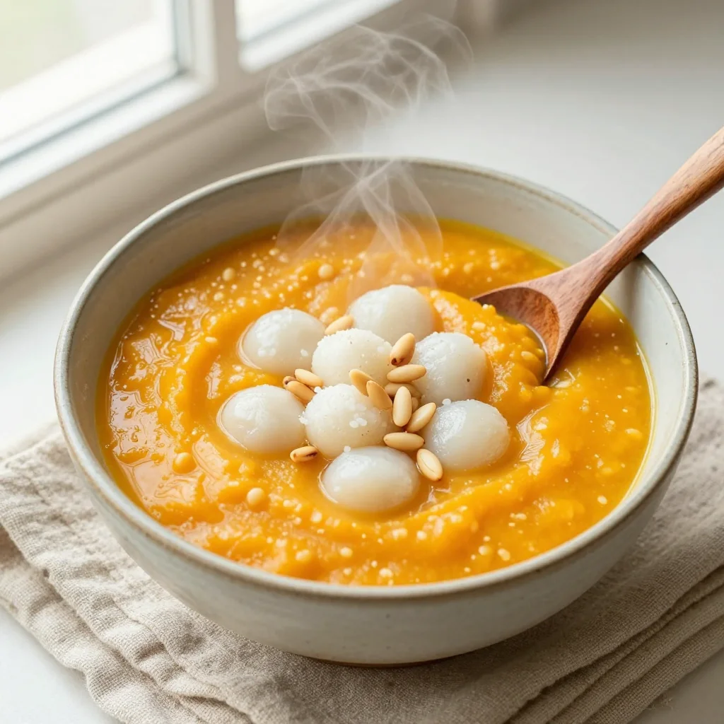 Korean Hobakjuk: Sweet Pumpkin Porridge with Chewy Rice Dumplings for Chilly Mornings