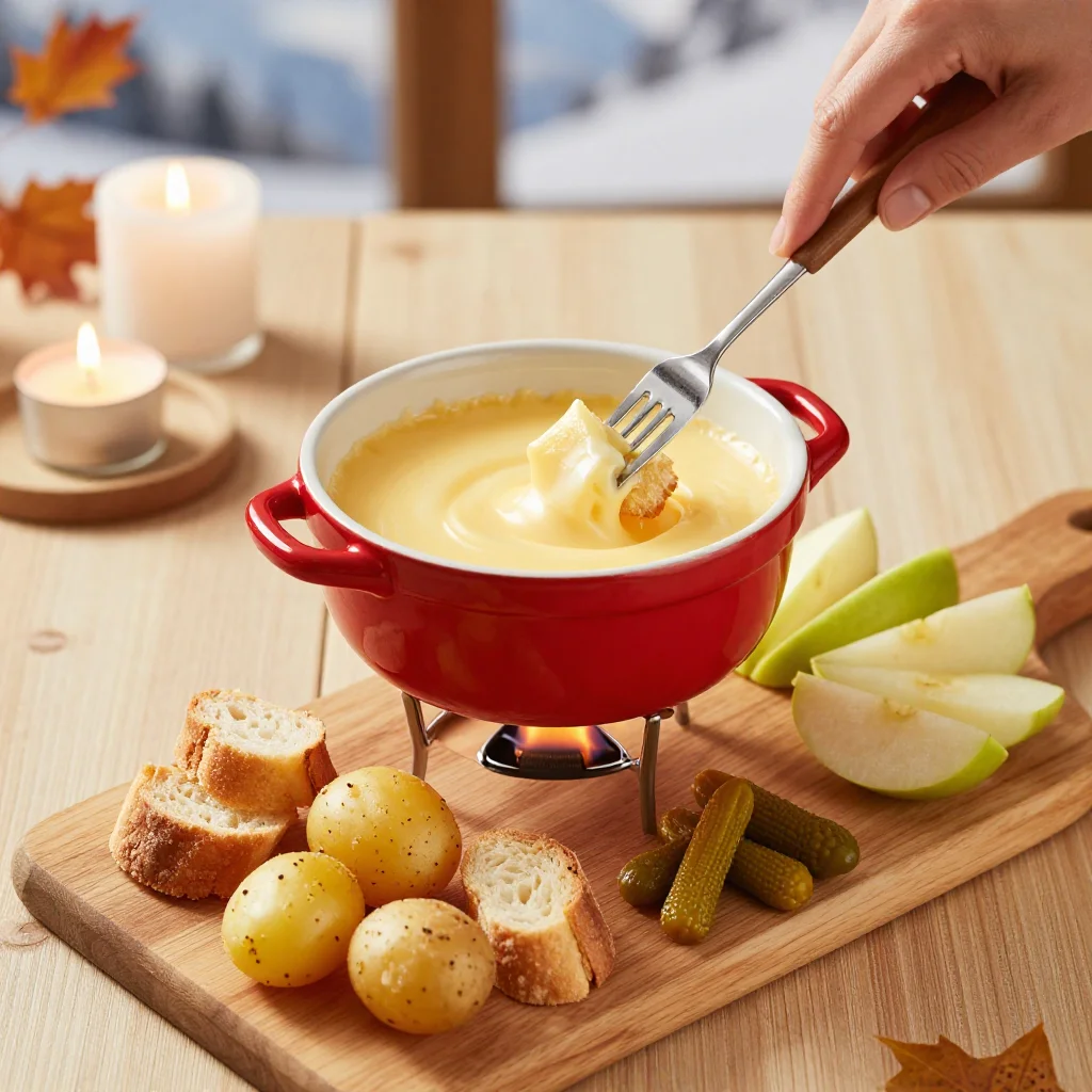 Swiss Cheese Fondue: Gruyere and Vacherin with Crusty Bread, Apples and Potatoes
