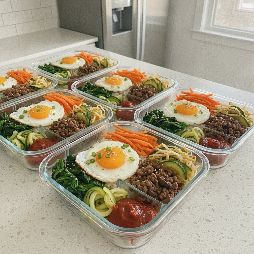 Korean Bibimbap Meal-Prep Bowls: Rice, Seasoned Vegetables and Beef with Gochujang Sauce