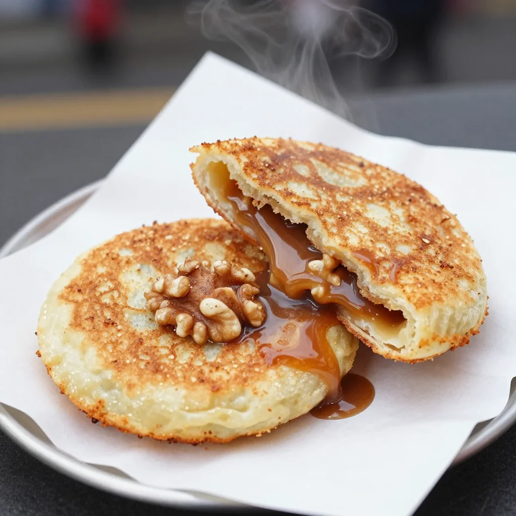 Korean Hotteok: Brown Sugar Cinnamon Stuffed Pancakes with Walnuts for Cozy Fall Snacking